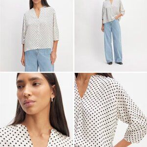 NWT Everlane The Hammered Satin Balloon Sleeve Top / XXS / bone polka dot